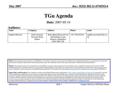 TGu Agenda Date: Authors: May 2007 May 2007