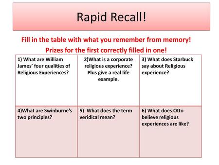 Rapid Recall! Fill in the table with what you remember from memory! Prizes for the first correctly filled in one! 1) What are William James’ four qualities.
