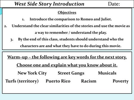West Side Story Introduction Date: