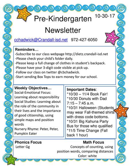 Pre-Kindergarten Newsletter