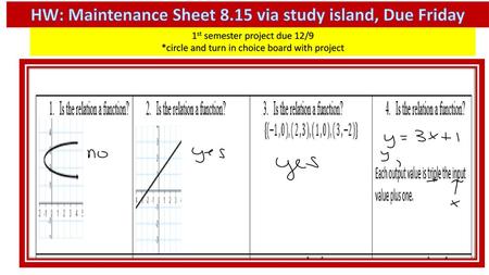 HW: Maintenance Sheet 8.15 via study island, Due Friday