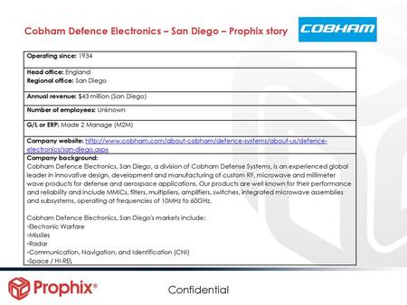 Cobham Defence Electronics – San Diego – Prophix story