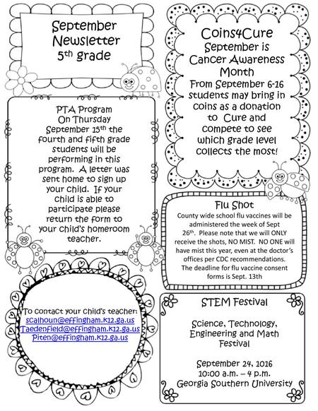 September Newsletter Coins4Cure 5th grade