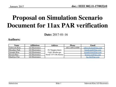 Proposal on Simulation Scenario Document for 11ax PAR verification
