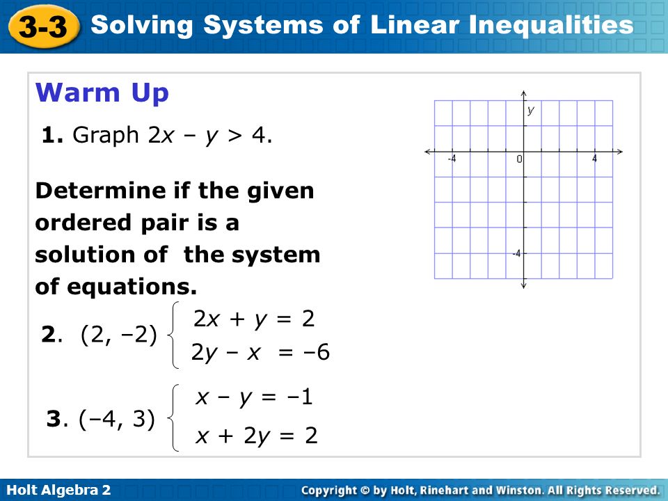 Holt Algebra Solving Systems Of Linear Inequalities Warm Up 1 Graph 2x Y 4 Determine If The Given Ordered Pair Is A Solution Of The System Ppt Download
