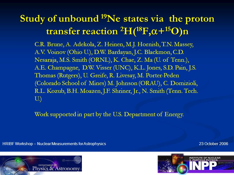 Study Of Unbound 19 Ne States Via The Proton Transfer Reaction 2 H 18 F 15 O N Hribf Workshop Nuclear Measurements For Astrophysics C R Brune Ppt Download