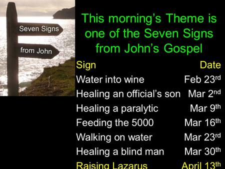 This morning’s Theme is one of the Seven Signs from John’s Gospel