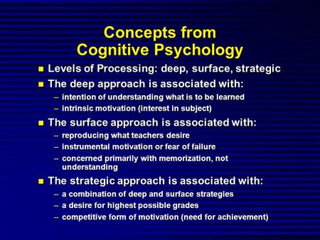 Concepts from Cognitive Psychology Levels of Processing: deep, surface, strategic Levels of Processing: deep, surface, strategic The deep approach is associated.