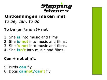 Ontkenningen maken met to be, can, to do To be (am/are/is)+ not 1. She is into music and films 2. She is not into music and films. 3. She ’s not into music.