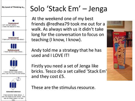 Solo ‘Stack Em’ – Jenga At the weekend one of my best took me out for a walk. As always with us it didn't take long for the conversation.