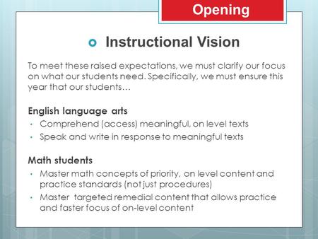 To meet these raised expectations, we must clarify our focus on what our students need. Specifically, we must ensure this year that our students… English.