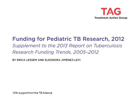 With support from the TB Alliance. 2 Vaccines $3,663,074 (36%) Pediatric TB R&D Investments by Research Category 2012 Total: $10,278,875 Basic Science$814,35.