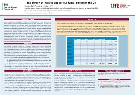 The burden of invasive and serious fungal disease in the UK Denning DW 1, Pegorie M 2, Welfare W 2,3 24th European Congress of Clinical Microbiology and.
