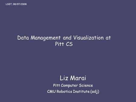 Liz Marai 07/08/08 Data Management and Visualization at Pitt CS Liz Marai Pitt Computer Science CMU Robotics Institute (adj) LSST, 08/07/2008.