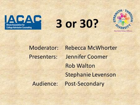 3 or 30? Moderator: Rebecca McWhorter Presenters: Jennifer Coomer Rob Walton Stephanie Levenson Audience: Post-Secondary.