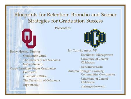 Blueprints for Retention: Broncho and Sooner Strategies for Graduation Success Becky Heeney, Director Graduation Office The University of Oklahoma