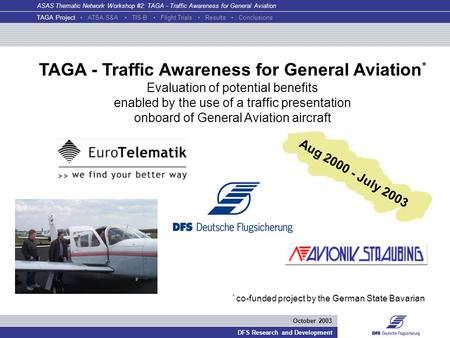 ASAS Thematic Network Workshop #2: TAGA - Traffic Awareness for General Aviation DFS Research and Development October 2003 TAGA - Traffic Awareness for.