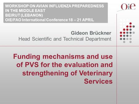 Funding mechanisms and use of PVS for the evaluation and strengthening of Veterinary Services Gideon Brückner Head Scientific and Technical Department.