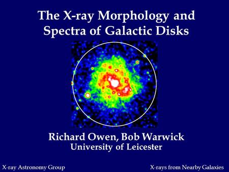 X-ray Astronomy Group Richard Owen, Bob Warwick University of Leicester The X-ray Morphology and Spectra of Galactic Disks X-rays from Nearby Galaxies.