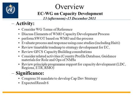 Overview EC-WG on Capacity Development 13 (afternoon) -15 December 2011 –Activity: Consider WG Terms of Reference Discuss Elements of WMO Capacity Development.