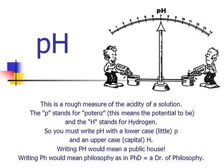 PH This is a rough measure of the acidity of a solution. The p stands for potenz (this means the potential to be) and the H stands for Hydrogen.