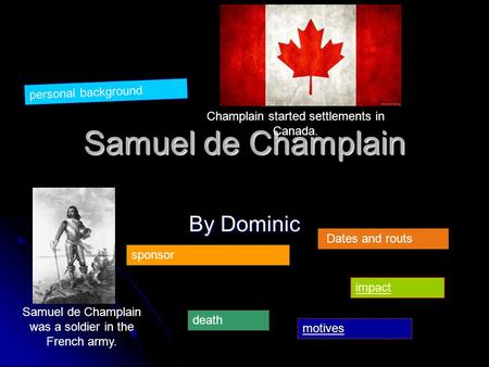 Samuel de Champlain By Dominic Samuel de Champlain was a soldier in the French army. Champlain started settlements in Canada. personal background sponsor.