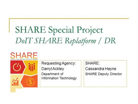 SHARE Special Project DoIT SHARE Replatform / DR SHARE: Cassandra Hayne SHARE Deputy Director Requesting Agency: Darryl Ackley Department of Information.