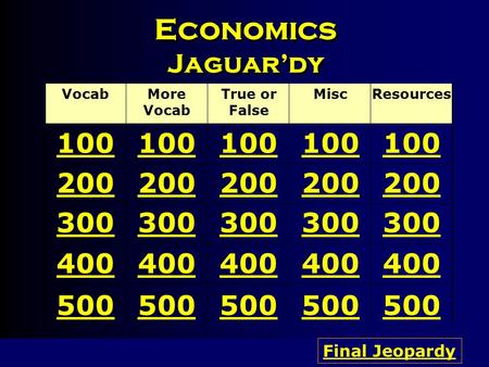 Economics Jaguar’dy VocabMore Vocab True or False MiscResources 100 200 300 400 500 100100100100 200200200200 300300300300 400400400400 500500500500 Final.