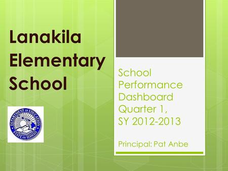 School Performance Dashboard Quarter 1, SY 2012-2013 Principal: Pat Anbe Lanakila Elementary School.