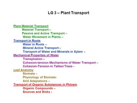LG 3 – Plant Transport Material Transport –