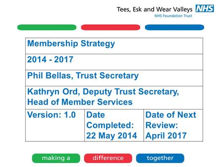 Membership Strategy 2014 - 2017 Phil Bellas, Trust Secretary Kathryn Ord, Deputy Trust Secretary, Head of Member Services Version: 1.0Date Completed: 22.