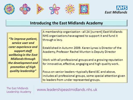 Introducing the East Midlands Academy A membership organisation - all 24 [current] East Midlands NHS organisations have agreed to support it and fund it.