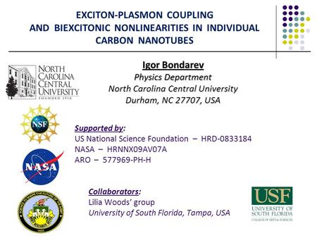 EXCITON-PLASMON COUPLING AND BIEXCITONIC NONLINEARITIES IN INDIVIDUAL CARBON NANOTUBES Igor Bondarev Physics Department North Carolina Central University.