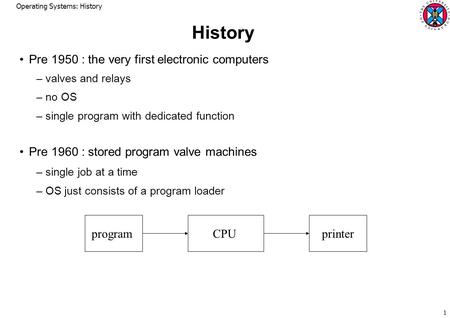 Operating Systems: History 1 History Pre 1950 : the very first electronic computers –valves and relays –no OS –single program with dedicated function Pre.