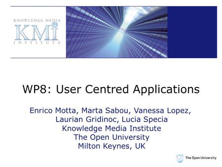 WP8: User Centred Applications Enrico Motta, Marta Sabou, Vanessa Lopez, Laurian Gridinoc, Lucia Specia Knowledge Media Institute The Open University Milton.
