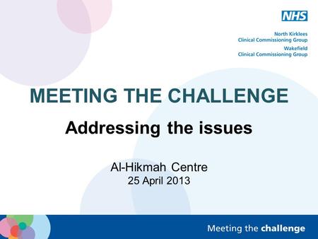 MEETING THE CHALLENGE Addressing the issues Al-Hikmah Centre 25 April 2013.