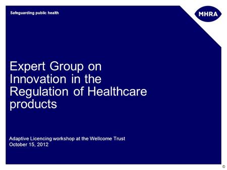 © Safeguarding public health Expert Group on Innovation in the Regulation of Healthcare products Adaptive Licencing workshop at the Wellcome Trust October.