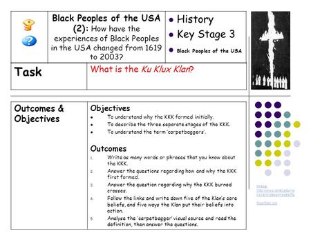 Outcomes & Objectives Objectives To understand why the KKK formed initially. To describe the three separate stages of the KKK. To understand the term ‘carpetbaggers’.