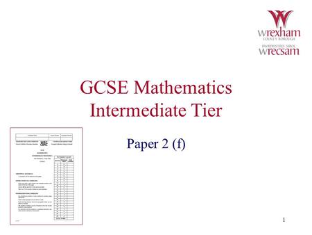 1 GCSE Mathematics Intermediate Tier Paper 2 (f).