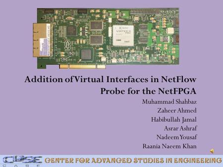 Addition of Virtual Interfaces in NetFlow Probe for the NetFPGA Muhammad Shahbaz Zaheer Ahmed Habibullah Jamal Asrar Ashraf Nadeem Yousaf Raania.