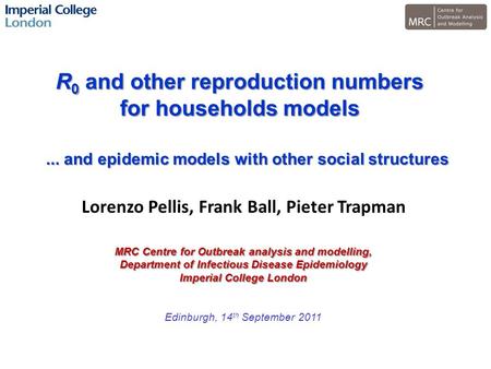 R 0 and other reproduction numbers for households models MRC Centre for Outbreak analysis and modelling, Department of Infectious Disease Epidemiology.