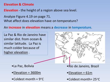 Elevation & Climate Elevation - the height of a region above sea level. Analyze Figure 4.19 on page 71. What affect does elevation have on temperature?