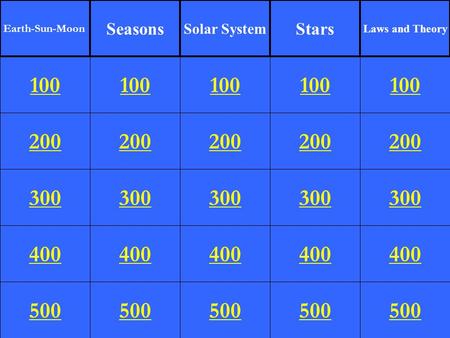 200 300 400 500 100 200 300 400 500 100 200 300 400 500 100 200 300 400 500 100 200 300 400 500 100 Earth-Sun-Moon Seasons Solar System Stars Laws and.