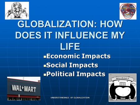 UNDERSTANDINGS OF GLOBALIZATION GLOBALIZATION: HOW DOES IT INFLUENCE MY LIFE Economic Impacts Economic Impacts Social Impacts Social Impacts Political.