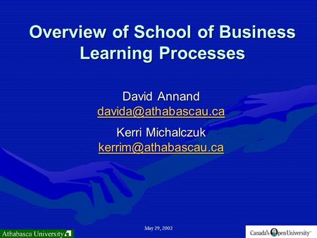 May 29, 2002 Overview of School of Business Learning Processes David Annand Kerri Michalczuk