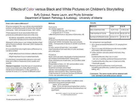 Effects of Color versus Black and White Pictures on Children's Storytelling Buffy Dubreuil, Reane Laurin, and Phyllis Schneider Department of Speech Pathology.