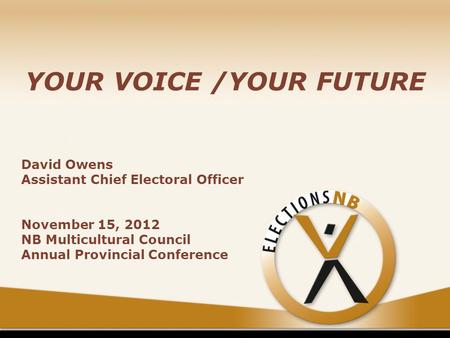 YOUR VOICE /YOUR FUTURE David Owens Assistant Chief Electoral Officer November 15, 2012 NB Multicultural Council Annual Provincial Conference.