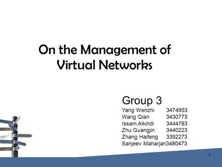 On the Management of Virtual Networks Group 3 Yang Wenzhi 3474953 Wang Qian 3430773 Issam Alkindi 3444783 Zhu Guangjin 3440223 Zhang Haifeng 3392273 Sanjeev.