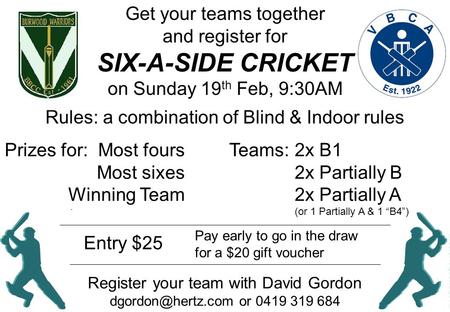 SIX-A-SIDE CRICKET 2x B1 2x Partially B 2x Partially A (or 1 Partially A & 1 “B4”) Teams:Prizes for: Most fours Most sixes Winning Team Rules: a combination.