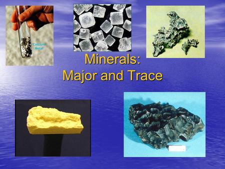 Minerals: Major and Trace. Major Minerals sodium sodium chloride chloride potassium potassium calcium calcium phosphorus phosphorus magnesium magnesium.